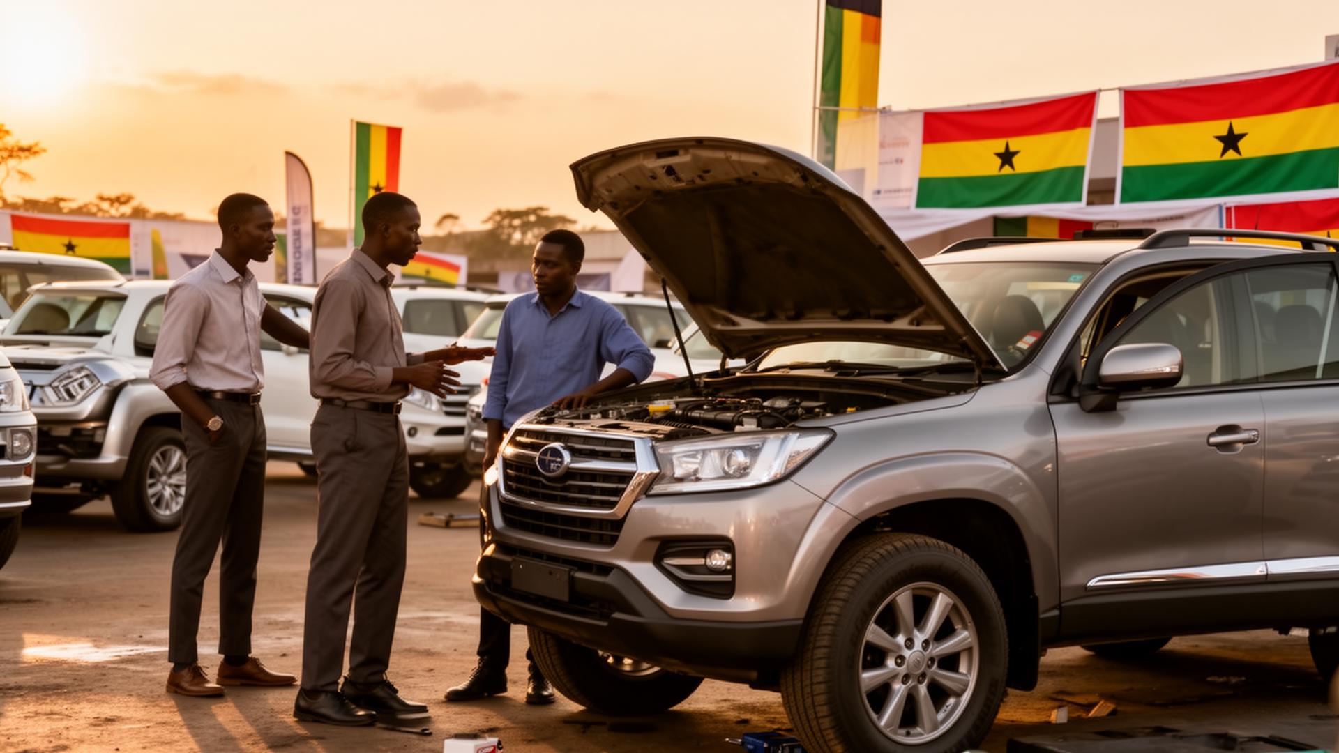 Ghanaian mechanic and customer inspecting an SUV